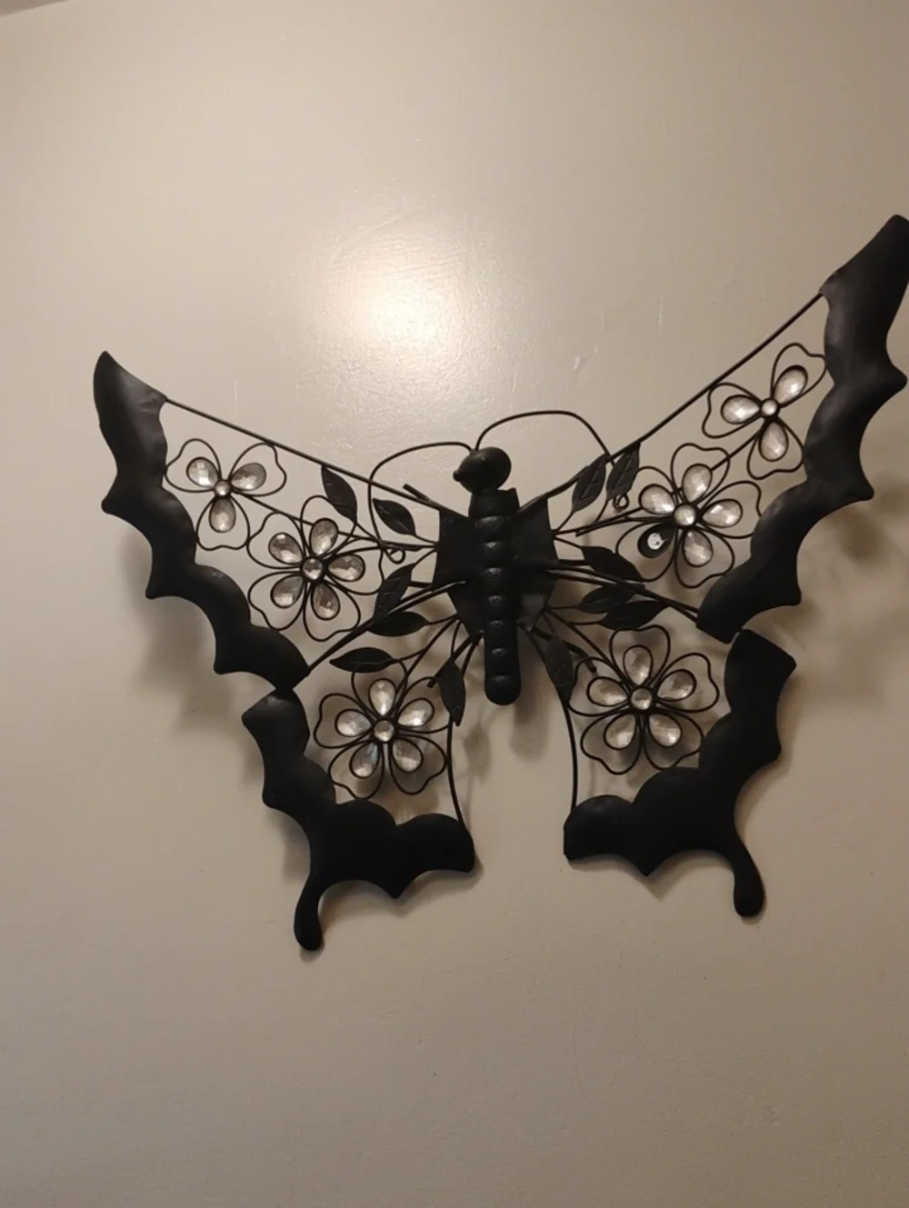 Black Butterfly Metal Wall Decor with Floral Accents